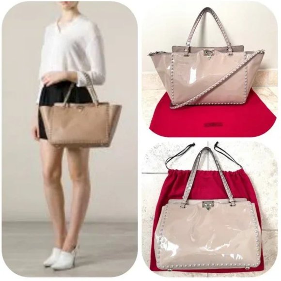 Auc Valentino Nude Patent Leather Rockstud Trapeze Large Tote Bag